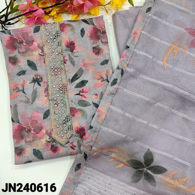 CODE JN240616 : Lavender floral printed semi linen unstitched salwar material, embroidered on yoke(thin fabric, lining needed)matching cotton bottom, brush painted premium super net dupatta with sequins work.&tapings.