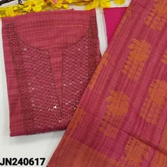 CODE JN240617 :  Bright pink with copper tint tissue silk cotton unstitched salwar material, bead& sequins work on yoke(thin, lining needed)matching silk cotton bottom, soft tissue silk cotton dupatta with zari buttas& borders with tassels.