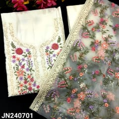 CODE JN240701 : Designer white silk cotton unstitched salwar material, rich embroidered on yoke(thin fabric, lining needed)embroidered daman, matching santoon bottom, embroidered fancy organza dupatta with tapings.