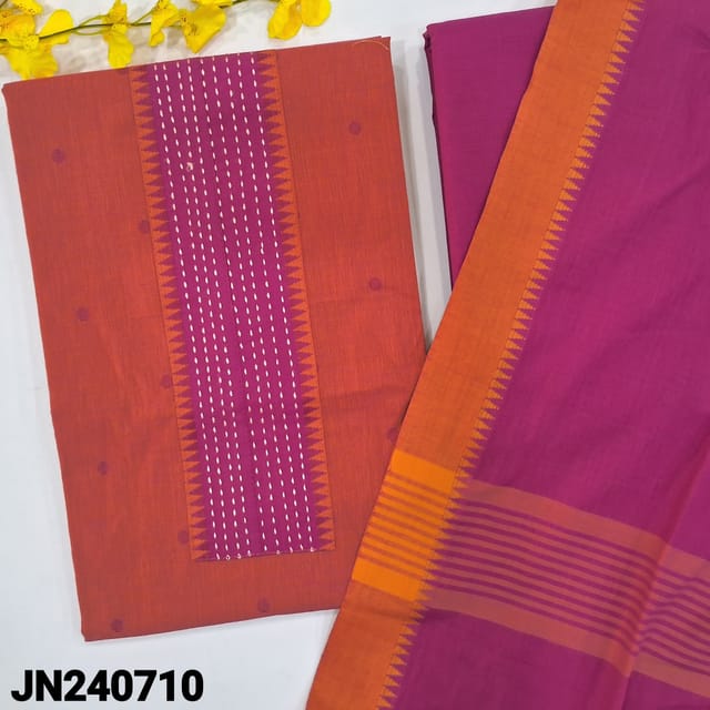 CODE JN240710 : Dual shaded pink south handloom cotton unstitched salwar material, thread work on yoke, thread buttas on front(lining needed)matching dark pink cotton bottom, pure cotton dupatta with borders& tassels.