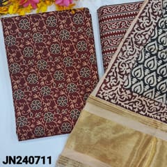 CODE JN240711 : Maroon floral printed pure cotton unstitched salwar material(lining optional)printed cotton bottom, block printed fancy silk cotton dupatta with rich gold tissue pallu(REQUIRES TAPINGS).