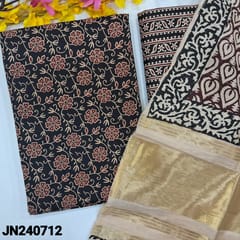CODE JN240712 : Black floral printed pure cotton unstitched salwar material(lining optional)printed cotton bottom, block printed fancy silk cotton dupatta with rich gold tissue pallu(REQUIRES TAPINGS).
