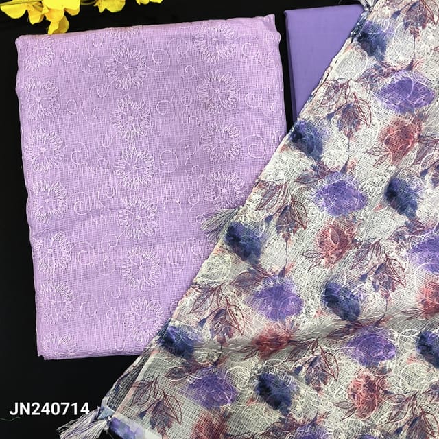 CODE JN240714 : Lavender kota silk cotton unstitched salwar material, embroidered all over(netted fabric, lining needed)matching cotton bottom, abstract printed kota silk cotton dupatta(REQUIRES TAPINGS).