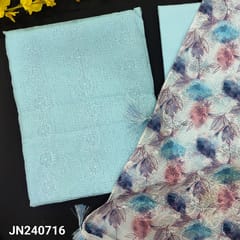 CODE JN240716 : Pastel blue kota silk cotton unstitched salwar material, embroidered all over(netted fabric, lining needed)matching cotton bottom, abstract printed kota silk cotton dupatta(REQUIRES TAPINGS).