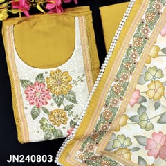 CODE JN240803 : Fenugreek yellow liquid fabric unstitched salwar material, floral printed with thread& sequins work on yoke(lining optional)matching bottom, floral printed soft silk cotton dupatta with sequins work& lace tapings.