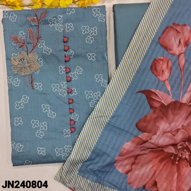 CODE JN240804 : Powder blue satin cotton unstitched salwar material, potli buttons& one side embroidered on yoke, floral printed all over(lining optional)embroidered daman, matching spun cotton bottom,floral printed textured cotton dupatta with