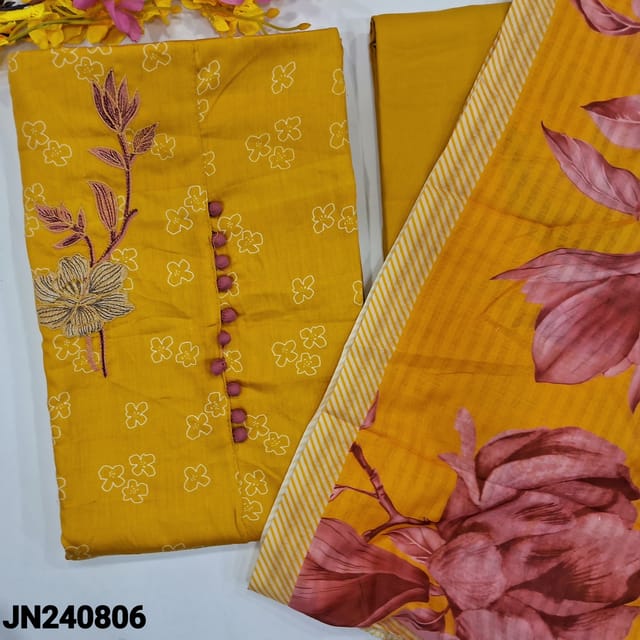 CODE JN240806 : Yellow satin cotton unstitched salwar material, potli buttons& one side embroidered on yoke, floral printed all over(lining optional)embroidered daman one side, matching spun cotton bottom, floral printed textured cotton dupatta with