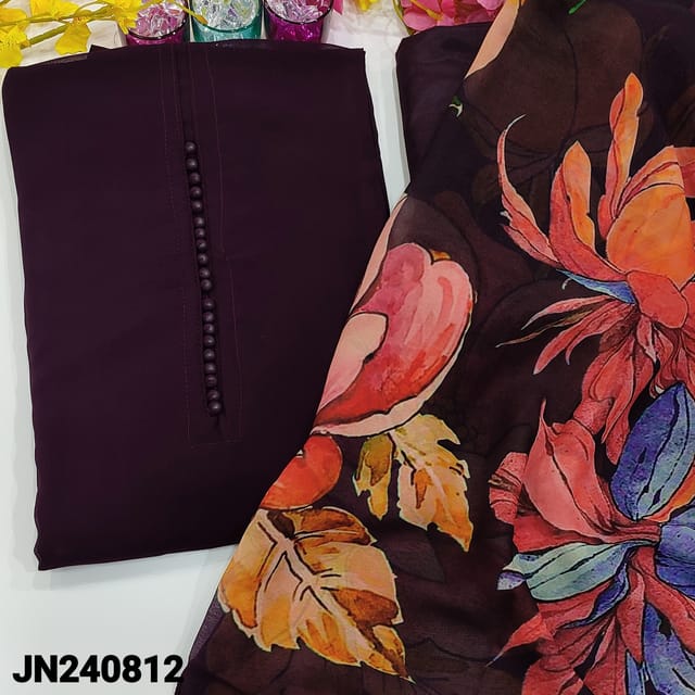 CODE JN240812 : Dark beetroot purple faux georgette unstitched salwar material, potli buttons on yoke(thin fabric, lining needed)matching silky fabric provided fot both lining &bottom, floral printed georgette dupatta with tapings.