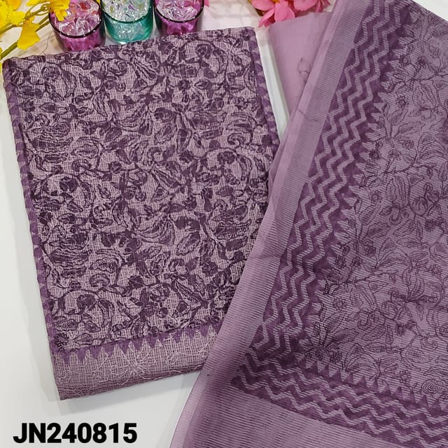 CODE JN240815 : Mauve embroidered kota unstitched salwar material, block printed all over(netted fabric, lining needed)matching silky bottom, block printed supernet dupatta.