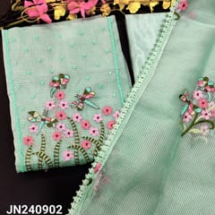 CODE JN240902 : Pastel blue kota silk cotton unstitched salwar material, rich dragon fly embroidered on yoke(thin fabric, linin needed)lace work on daman, matching silky bottom, embroidered kota silk cotton dupatta with fancy tassels.