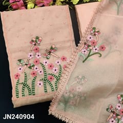 CODE JN240904 : Pastel peach kota silk cotton unstitched salwar material, rich dragon fly embroidered on yoke(thin fabric, linin needed)lace work on daman, matching silky bottom, embroidered kota silk cotton dupatta with fancy tassels.