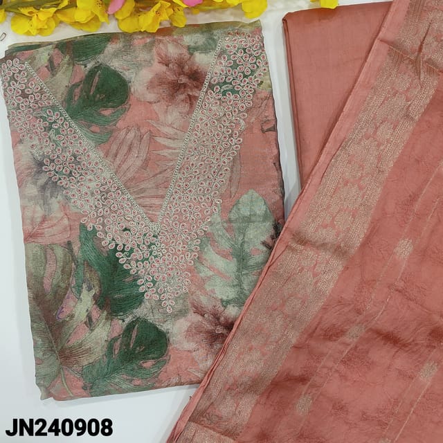 CODE JN240908 : Pink with golden tint tissue organza silk unstitched salwar material, v neck with embroidery &sequins work, floral printed all over(thin, lining needed) matching silky bottom, soft jakard silk cotton dupatta with zari woven borders.