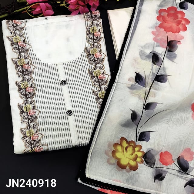 CODE JN240918 : White masleen silk unstitched salwar material, floral print, stitch work& fancy buttons on yoke(thin fabric, lining needed)thread woven buttas on front, matching spun cotton bottom, brush painted silk cotton dupatta with lace tapings.