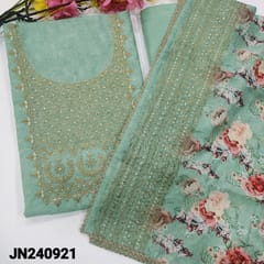 CODE JN240921 : Pastel blue fancy silk cotton unstitched salwar material, heavy zari& sequins work on yoke(thin fabric, lining needed)matching silky bottom, floral printed fancy silk cotton dupatta with heavy zari &sequins work.