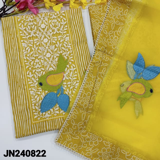 CODE JN240822 : Mehandhi yellow pure cotton unstitched salwar material, bird embroidered on yoke, vertical printed all over(lining optional)bandhini printed cotton bottom, bird embroidered fancy organza full length dupatta with tapings.