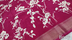 CODE WS1301 : Dark pink floral printed soft fancy dola silk saree, zari woven double side borders, floral printed pallu, printed blouse with borders.