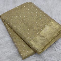 CODE WS1305 : Designer Golden Beige tissue silk cotton saree(shiny, thin fabric)tiny faux mirror work all over, double side gold zari borders, fancy tassels, running tissue blouse with borders..