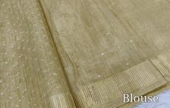 CODE WS1305 : Designer Golden Beige tissue silk cotton saree(shiny, thin fabric)tiny faux mirror work all over, double side gold zari borders, fancy tassels, running tissue blouse with borders..