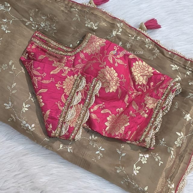 CODE WS1023 :  Light chocolate brown organza silk saree (Blouse Measurement : height 15 inches, armhole-to-armhole 19 inches fits upto size L,40,can be altered to smaller sizes) (CHECK FULL DESCRIPTION BELOW)