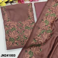CODE JN241003 : Dark onion pink fancy crepe silk unstitched salwar material, cross stitched embroidered on yoke(shiny fabric, lining needed)matching silk cotton bottom, fancy crepe silk dupatta with heavy cross stitched embroidery