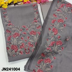 CODE JN241004 : Grey fancy crepe silk unstitched salwar material, cross stitched embroidered on yoke(shiny fabric, lining needed)matching silk cotton bottom, fancy crepe silk dupatta with heavy cross stitched embroidery