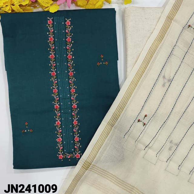 CODE JN241009 : Blue liquid fabric unstitched salwar material, thread embroidery &sequins work on yoke& front(lining optional)jute flex cotton bottom, embroidered cotton dupatta with zari borders& tassels.