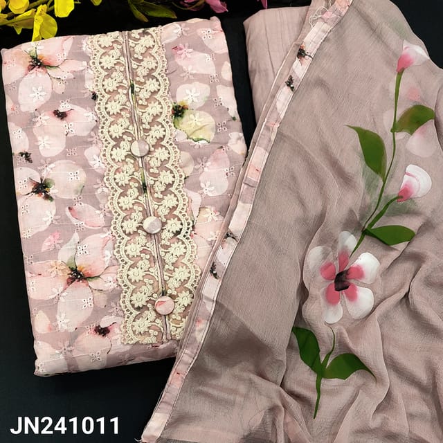 CODE JN241011  : Light mauve glazed cotton unstitched salwar material, embroidered &fancy buttons on yoke, shiffli embroidered on front(thin fabric, lining needed)rich lace work on daman, matching bottom, brush painted fancy chiffon dupatta with tapings.