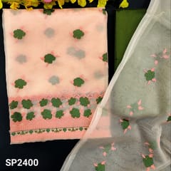 CODE SP2400: Peach Organza unstitched salwar material(thin fabric lining included) with cross stitch embroidery work with daman, Dark Mossy Green silk cotton bottom, organza dupatta with cross stitch embroidery