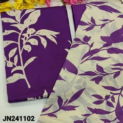 CODE JN241102 : Bright violet satin cotton unstitched salwar material, bead, zari& sequins work on yoke, leafy printed all over(lining optional)matching spun cotton bottom, printed pure cotton dupatta with tapings
