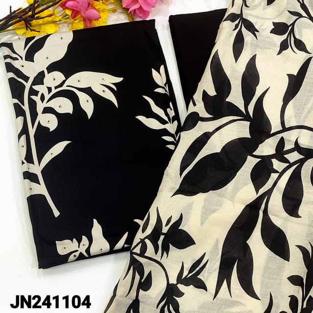 CODE JN241104 : Black satin cotton unstitched salwar material, bead, zari& sequins work on yoke, leafy printed all over(lining optional)matching spun cotton bottom, printed pure cotton dupatta with tapings