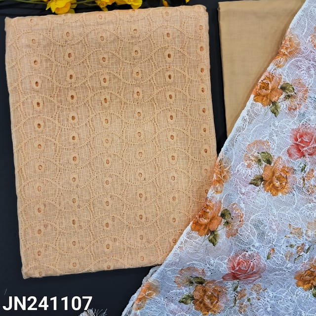 CODE JN241107 : Yellowish beige kota fabric unstitched salwar material, embroidered & cut work all over(thin fabric, lining needed)matching bottom, kota dupatta with embroidered &floral prints.