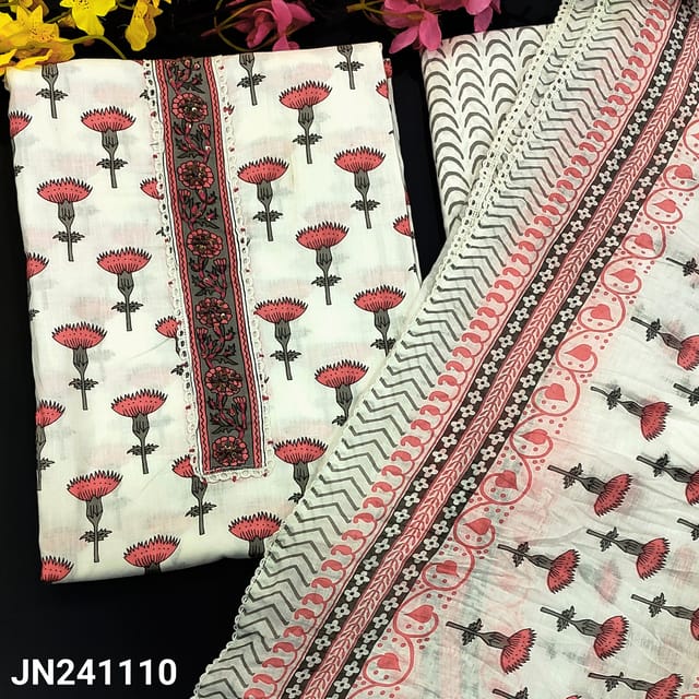 CODE JN241110 : White base pure soft cotton unstitched salwar material, thread& sequins work on yoke, floral printed all over(thin fabric, lining needed)printed soft cotton bottom, crinkled soft pure cotton dupatta with kota lace tapings.