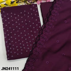 CODE JN241111 : Beetroot purple fancy crepe silk unstitched salwar material, bead work on yoke(soft fabric, lining needed)matching silk cotton bottom, soft fancy crepe silk dupatta with embroidery& cut work edges.