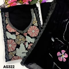 CODE AG322 : Designer Black Premium Soft Silk Cotton Unstitched Salwar material(silky, soft fabric, lining needed) V neck, Panel pattern  fancy lace work on yoke, Santoon Bottom, Brush paint on Premium chiffon dupatta with lace tapings.