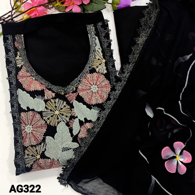 CODE AG322 : Designer Black Premium Soft Silk Cotton Unstitched Salwar material(silky, soft fabric, lining needed) V neck, Panel pattern  fancy lace work on yoke, Santoon Bottom, Brush paint on Premium chiffon dupatta with lace tapings.