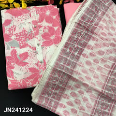 CODE JN241224 : White base pink floral printed kantha cotton unstitched salwar material(thin,soft,lining needed)matching cotton bottom,printed cotton dupatta with lace tapings.