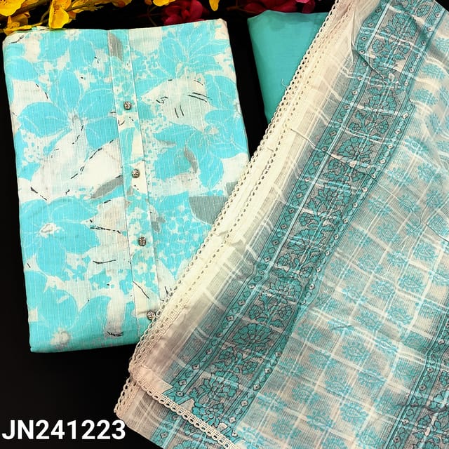 CODE JN241223 : White base blue floral printed kantha cotton unstitched salwar material(thin,soft,lining needed)matching cotton bottom,printed cotton dupatta with lace tapings.