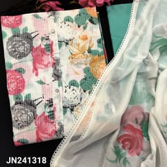 CODE JN241318 : Half white base floral printed kantha cotton unstitched salwar material(soft,lining needed)pastel blue cotton bottom,brush painted chiffon dupatta.