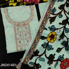 CODE JN241401 : Designer pastel blue pure muslin silk unstitched salwar material,zari,sequins and gota patch work on yoke(thin,silky,lining needed)matching santoon bottom,muslin silk duppata with colorful floral prints.