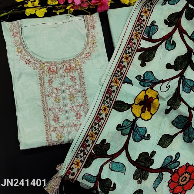 CODE JN241401 : Designer pastel blue pure muslin silk unstitched salwar material,zari,sequins and gota patch work on yoke(thin,silky,lining needed)matching santoon bottom,muslin silk duppata with colorful floral prints.