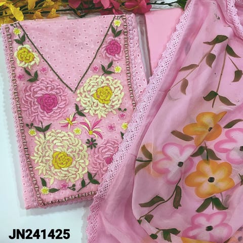CODE JN241425 : Baby pink shiffli embroidered cotton unstitched salwar material, v neck with heavy thread work on yoke(thin fabric, lining needed)lace work on daman, matching cotton bottom, brush painted chiffon dupatta with lace tapings.