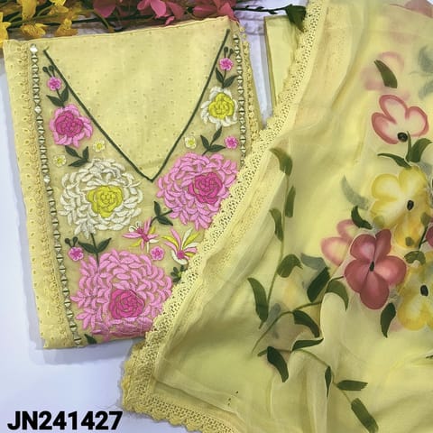 CODE JN241427 : Pastel yellow shiffli embroidered cotton unstitched salwar material, v neck with heavy thread work on yoke(thin fabric, lining needed)lace work on daman, matching cotton bottom, brush painted chiffon dupatta with lace tapings.