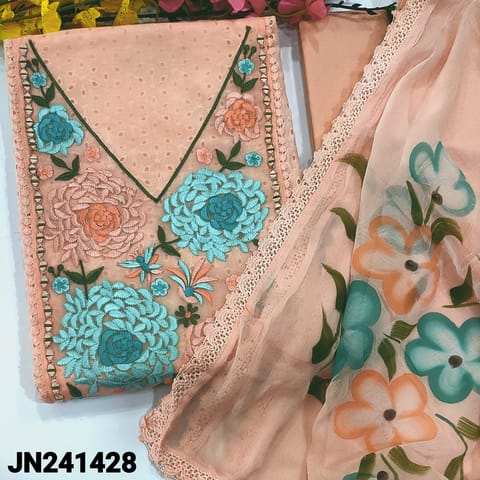 CODE JN241428 : Pastel peach shiffli embroidered cotton unstitched salwar material, v neck with heavy thread work on yoke(thin fabric, lining needed)lace work on daman, matching cotton bottom, brush painted chiffon dupatta with lace tapings.