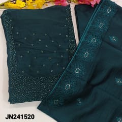 CODE JN241620  : Dark teal blue fancy silk unstitched salwar material, heavy bead work on yoke(lining needed)matching silky bottom, fancy silk dupatta with embroidery & sequins work.