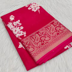 CODE WS1316 : Dark pink printed fancy dola silk saree with sequins work, zari woven borders, printed running blouse.