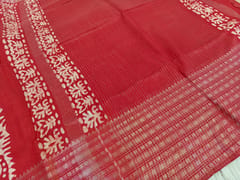 CODE WS1319 : Reddish maroon Bagal puri original wax batik silk cotton saree, big silver zari borders, running blouse with silver zari lines and borders.