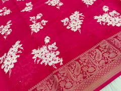 CODE WS1316 : Dark pink printed fancy dola silk saree with sequins work, zari woven borders, printed running blouse.