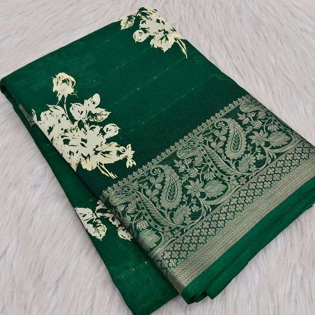 CODE WS1317 : Bottle green printed fancy dola silk saree with sequins work, zari woven borders, printed running blouse.