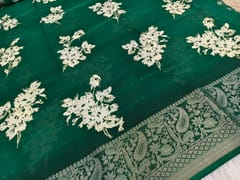 CODE WS1317 : Bottle green printed fancy dola silk saree with sequins work, zari woven borders, printed running blouse.