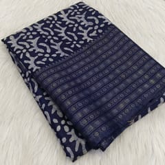 CODE WS1320 : Dark blue Bagal puri original wax batik silk cotton saree, big silver zari borders, running blouse with silver zari lines and borders.